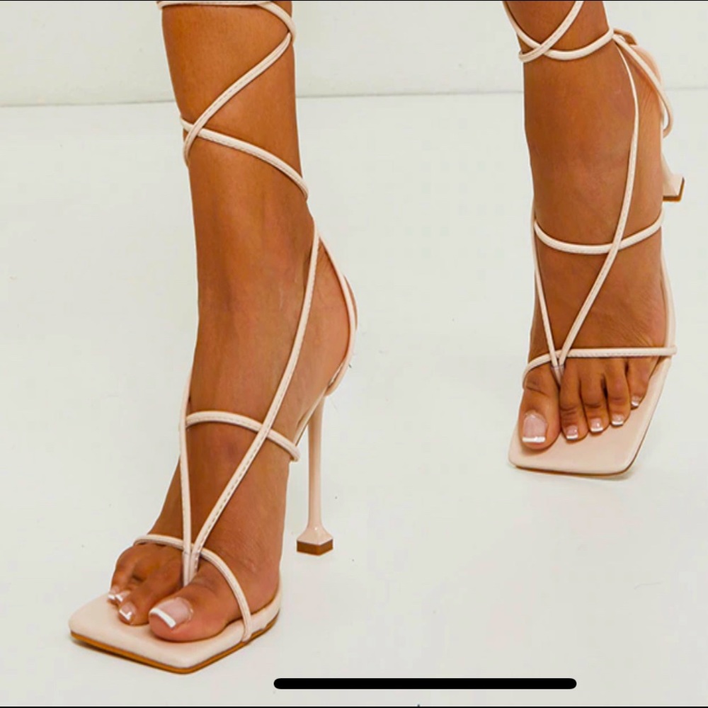 Beige Square Toe Strap Lace Up Thong Heel Sandals